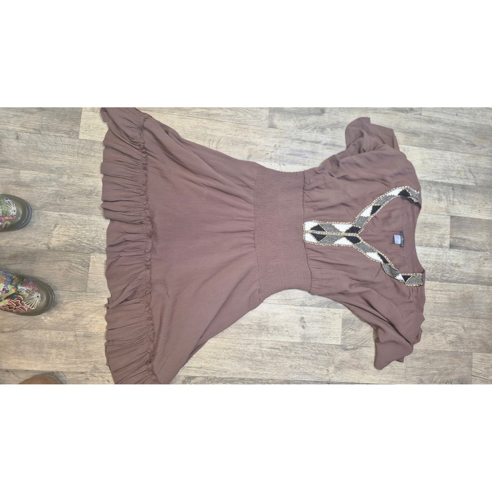 Venus Brown Boho Beaded V-Neck Smocked Waist Ruffle Hem Mini Dress Womens Small - Picture 12 of 15